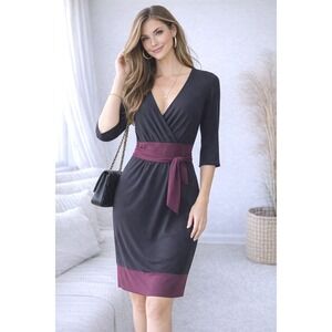 Jones New York Wrap Dress Black Burgundy Tie Waist Stretch Size 12 Knee Length
